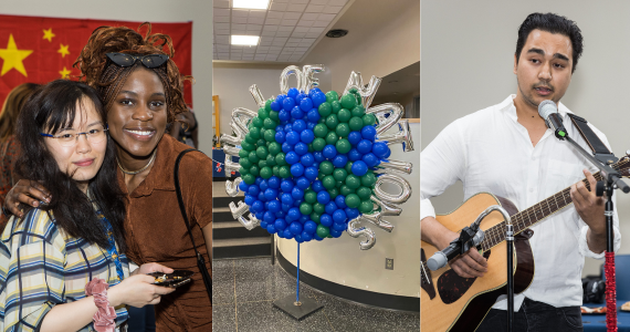 From left to right: Two students posing for a photo at Festival of Nations, a globe made out of balloons, and performer Prithvi Ravi singing with a guitar